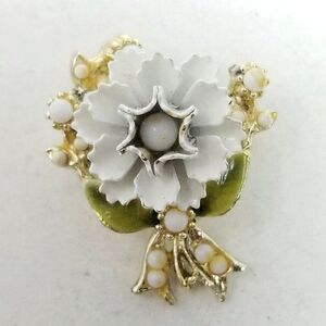 Vintage Coro White Flower Enamel Brooch, Signed Lapel Pin, Retro Estate